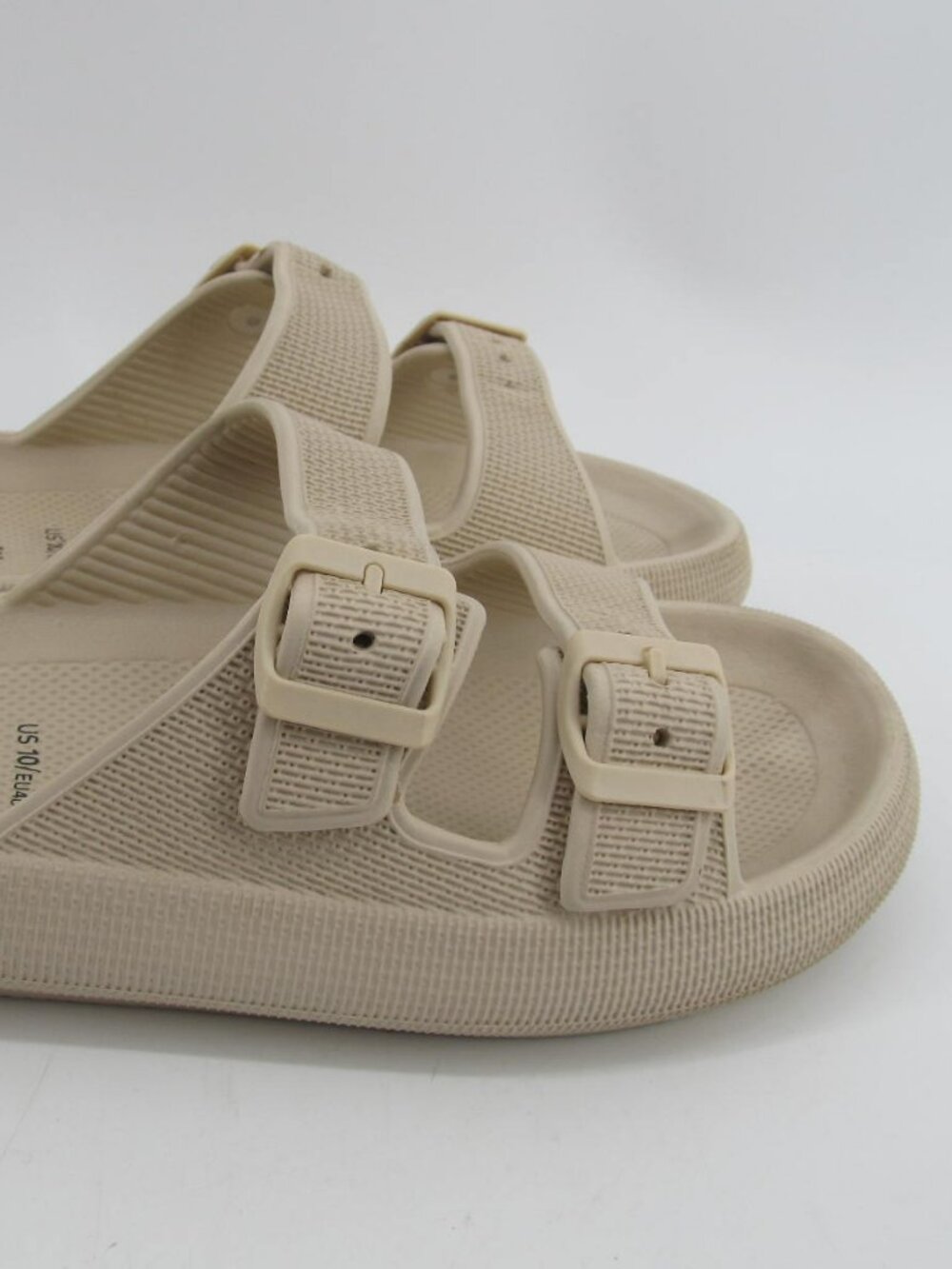 CUSHIONAIRE Women's Beige Double Strap Buckle Slide Sandals Adjustable US 10